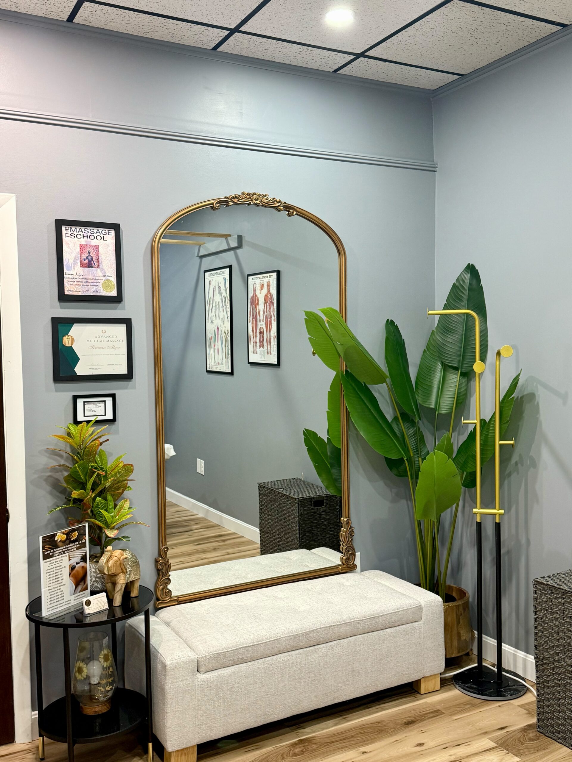 A gold mirror next to the plants.